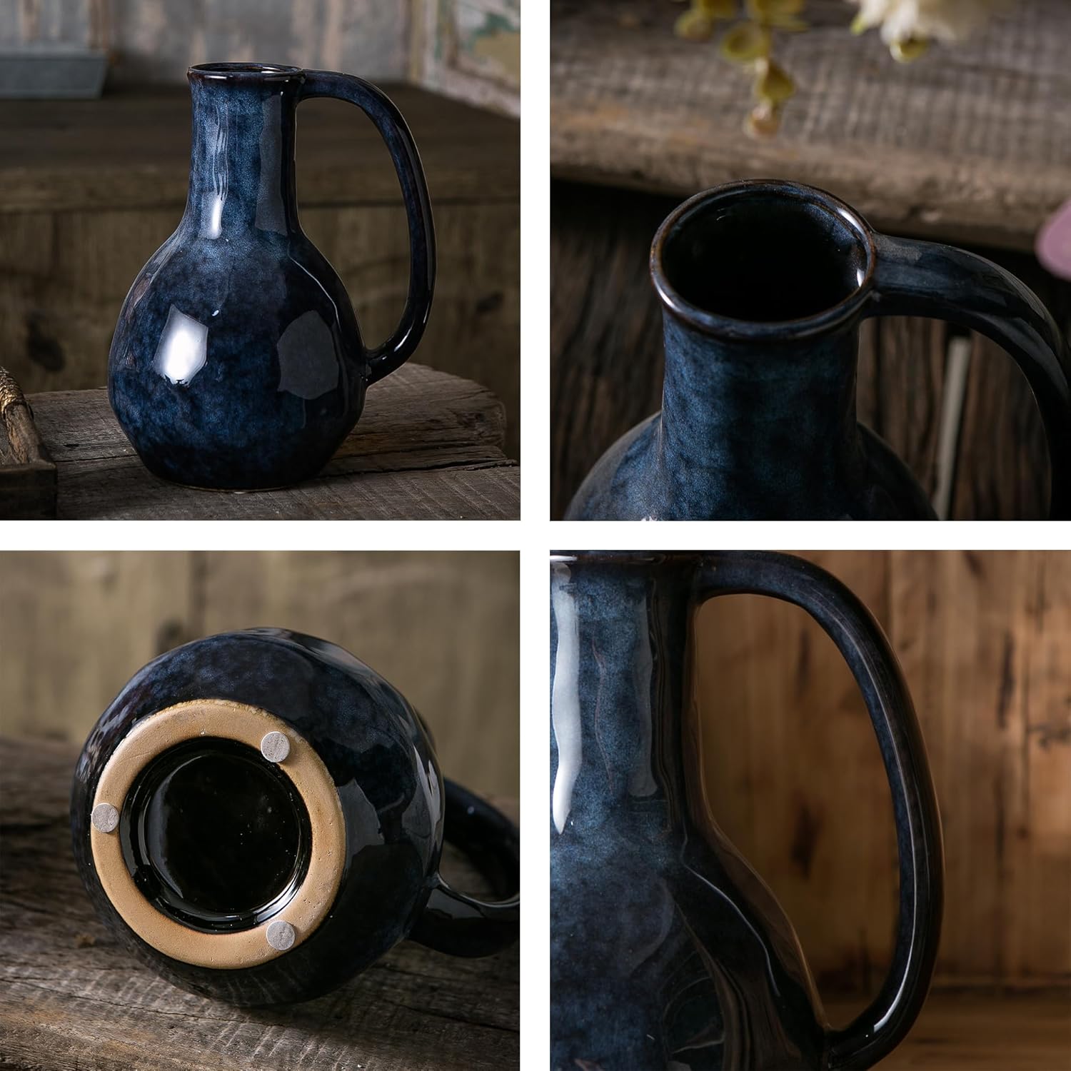 Blue Ceramic Vase with Big Handles Modern Farmhouse Decor