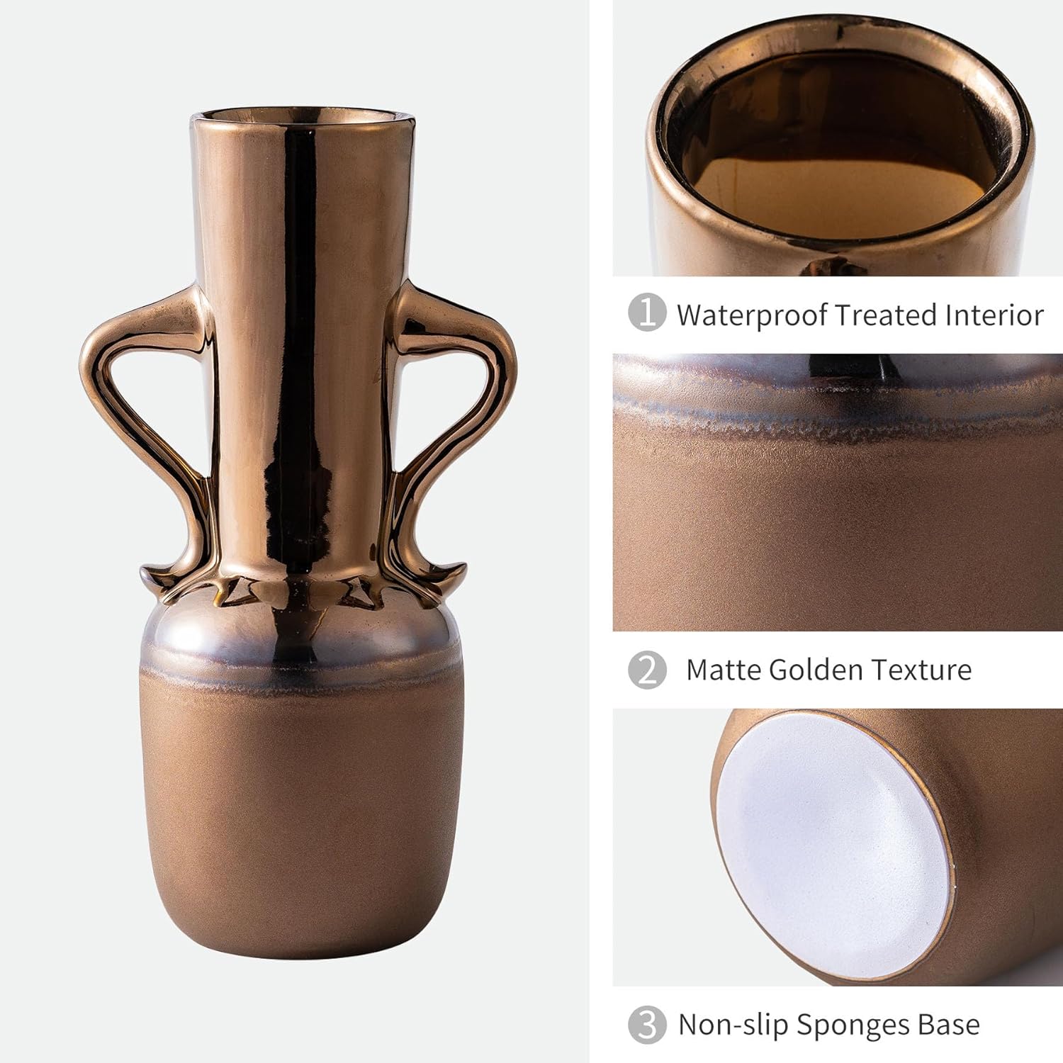 Gold Ceramic Vase with Handles 11 Inch