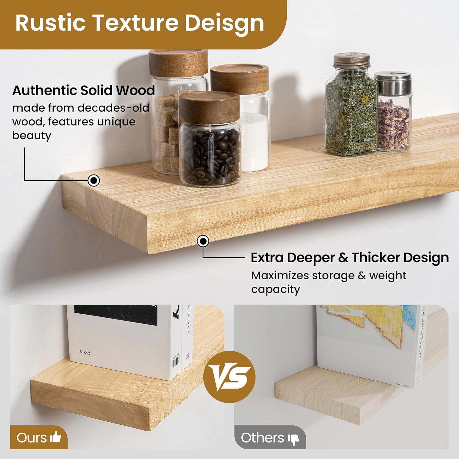 RICHFOCUS Rustic Wooden Floating Shelves Set of 2
