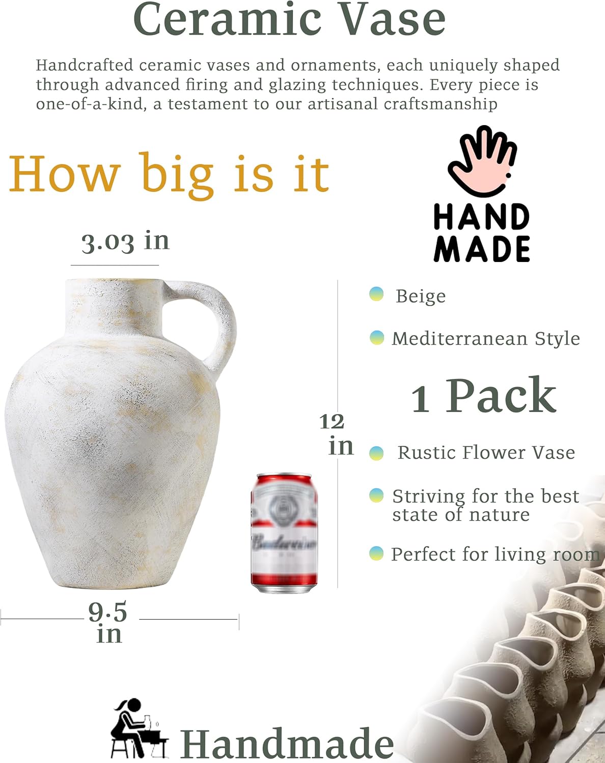 UPWOIGH 12in Tall Vintage Handle Ceramic Vase