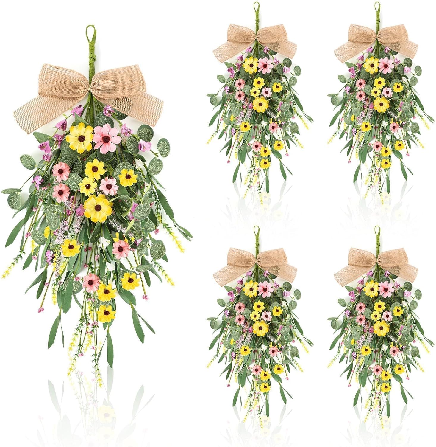 4 Pcs 24 Inch Artificial Spring Summer Wreath with Ribbon Flowers