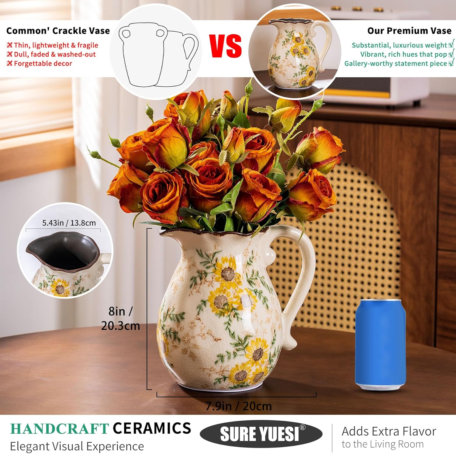 Sure Yuesi Sunflower Vintage Ceramic Vase with Handle