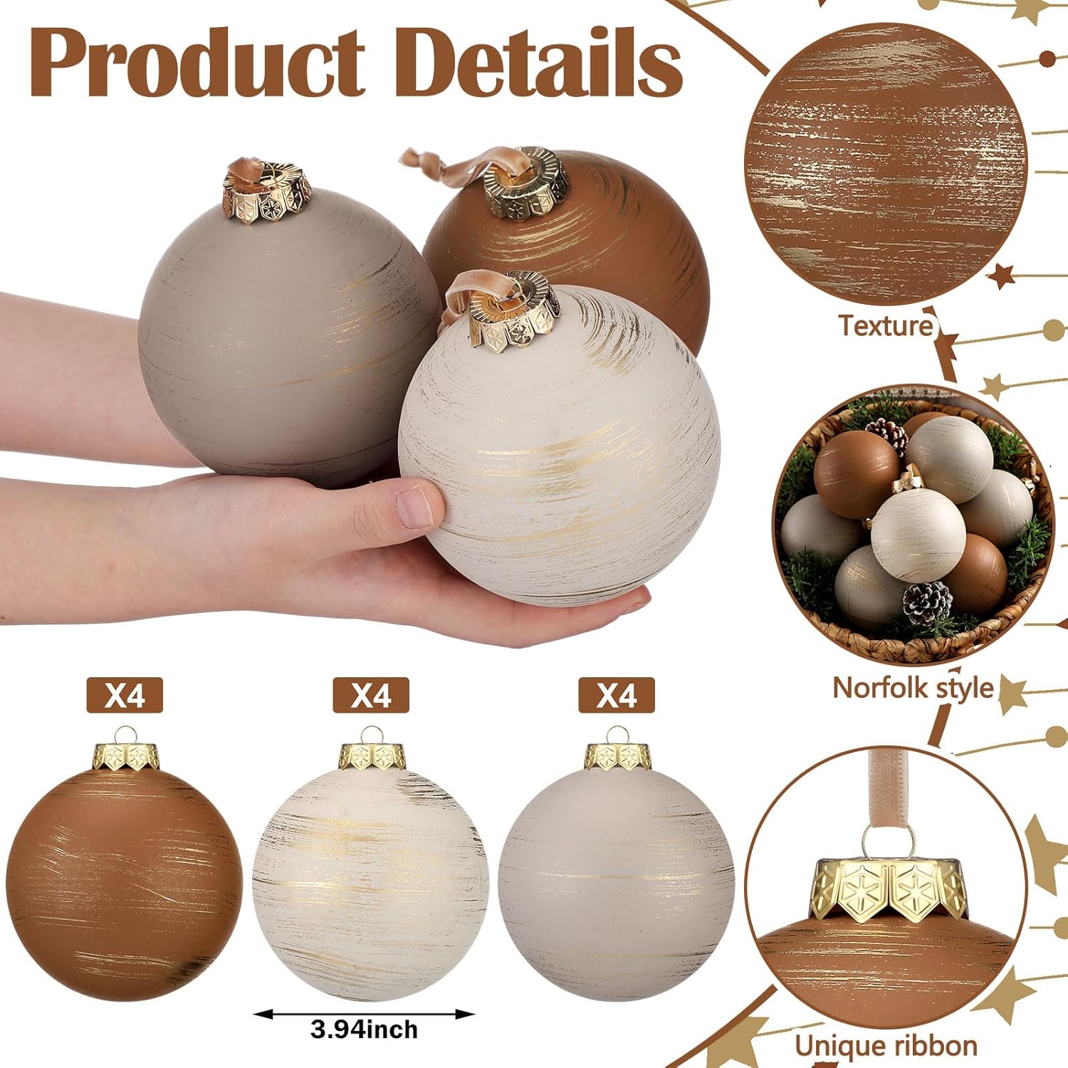 Yunlly 12 Pcs Textured Neutral Copper Christmas Ornaments