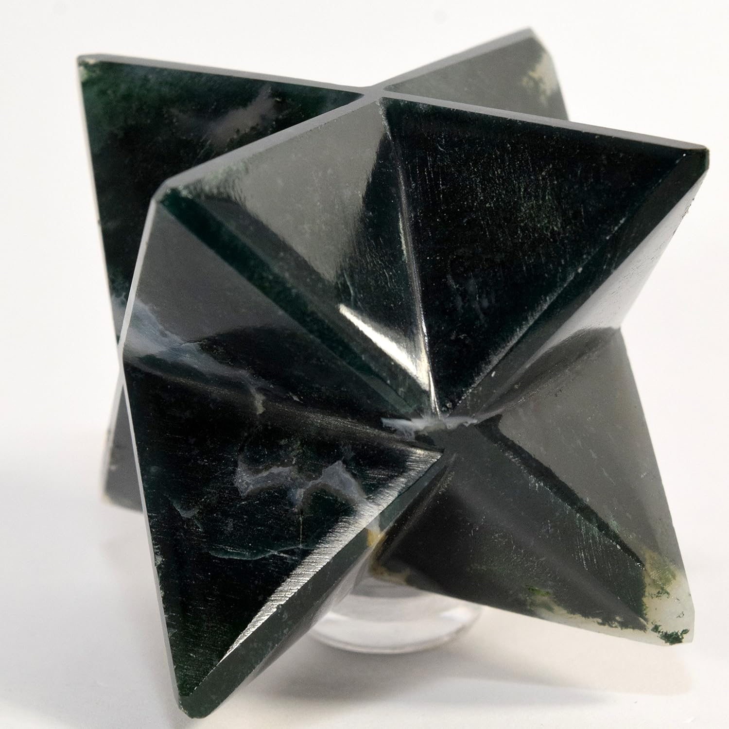 HQRP HC Set 68mm Green White 8 Point Moss Agate Merkaba Star Clear Quartz Cabochon