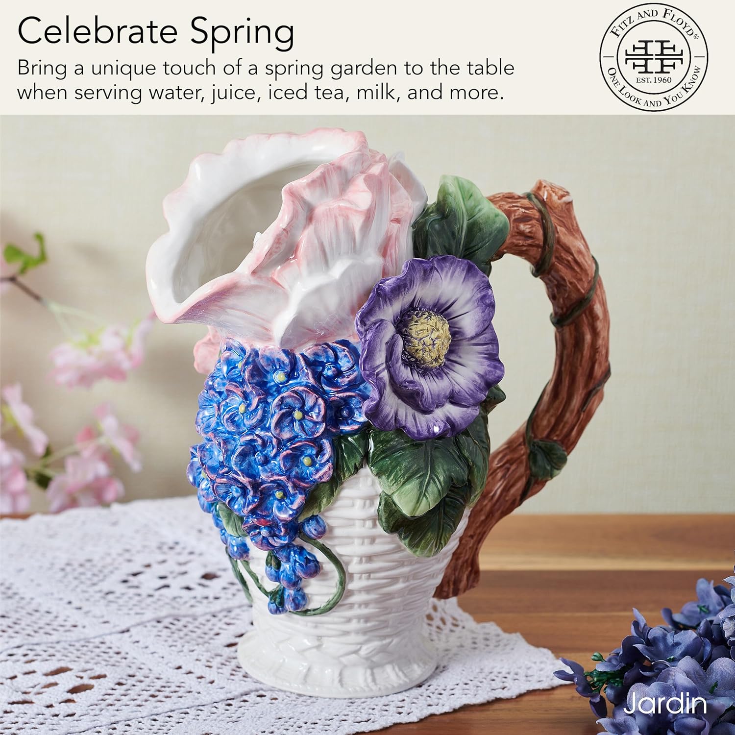 Fitz and Floyd Jardin Floral Bouquet Pitcher Vase