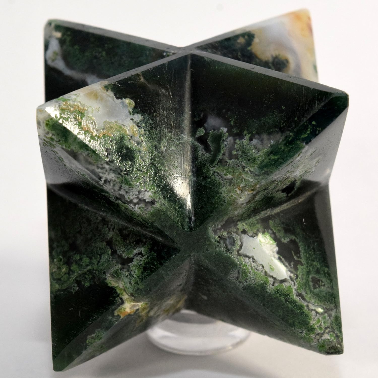 HQRP HC Set 66mm 8 Point Rich Green Moss Agate Merkaba Star with Clear Quartz Cabochon