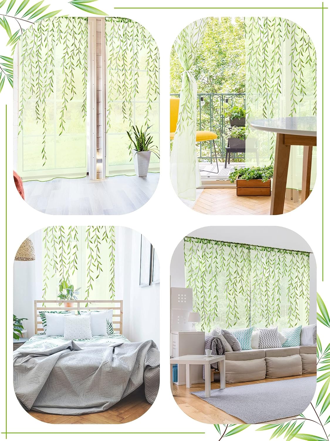 Breling Green Leaf Sheer Curtains 2 Pieces 52x787 Inch