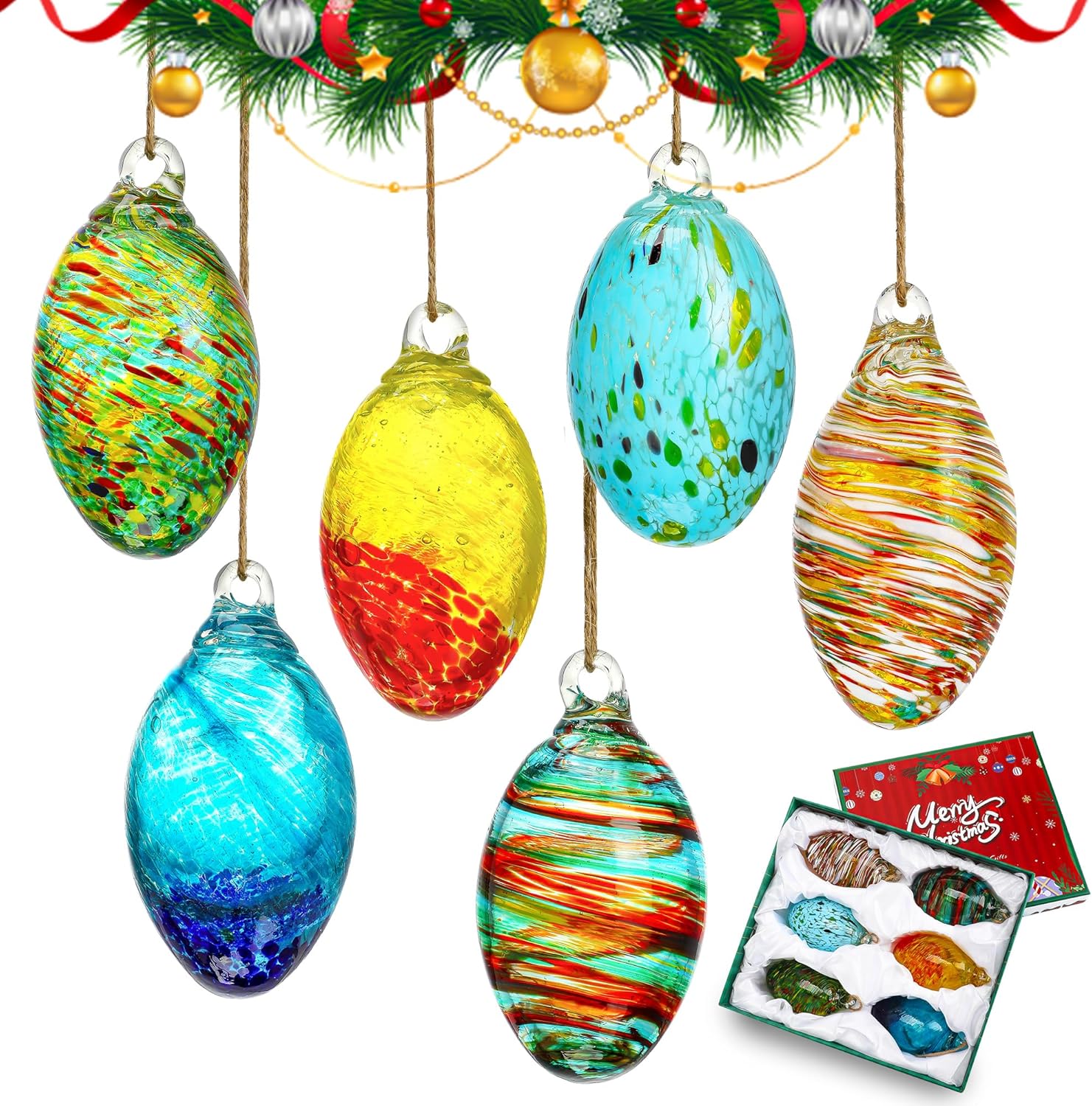 Set of 6 Hand Blown Glass Egg Ornaments for Home and Christmas Decor