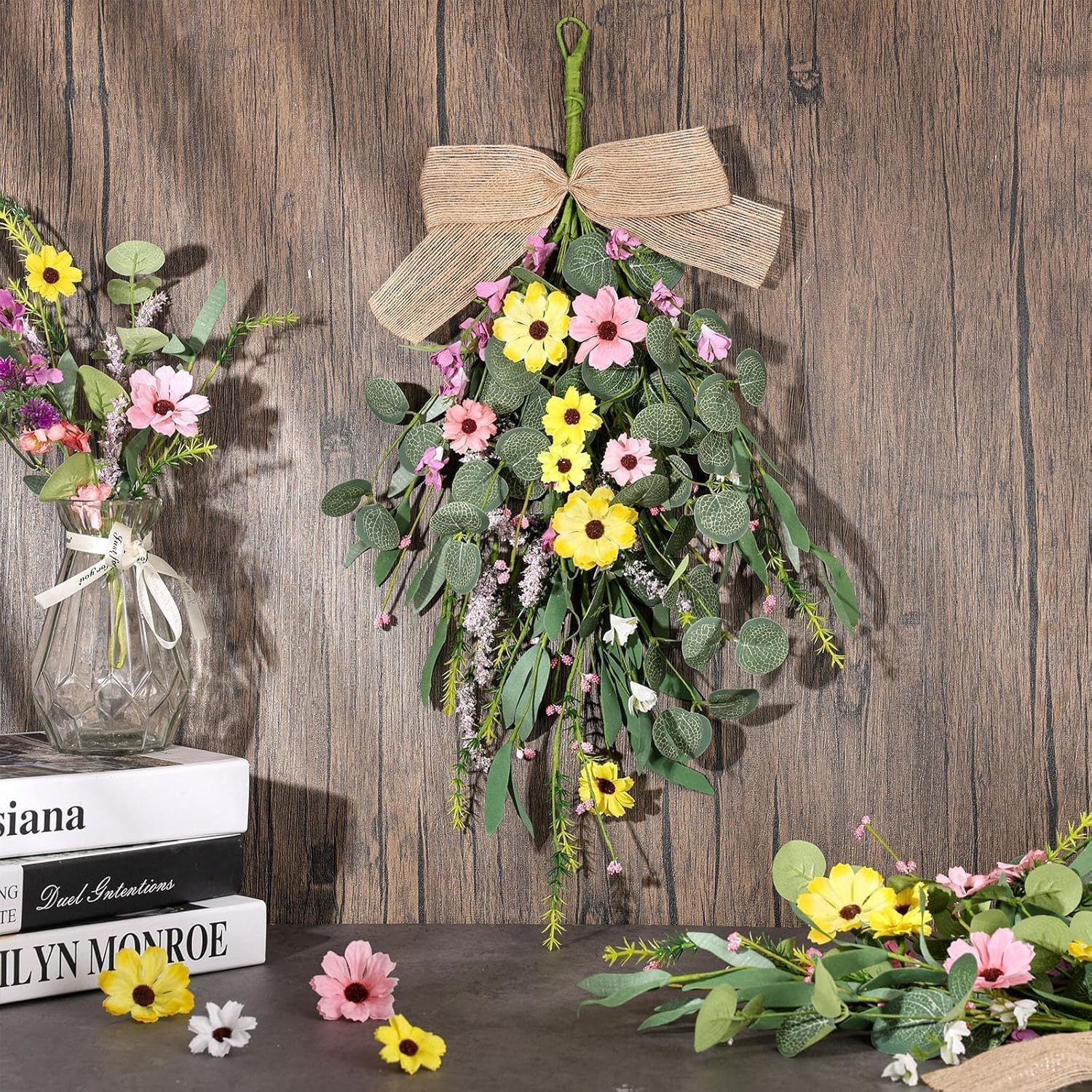 4 Pcs 24 Inch Artificial Spring Summer Wreath with Ribbon Flowers