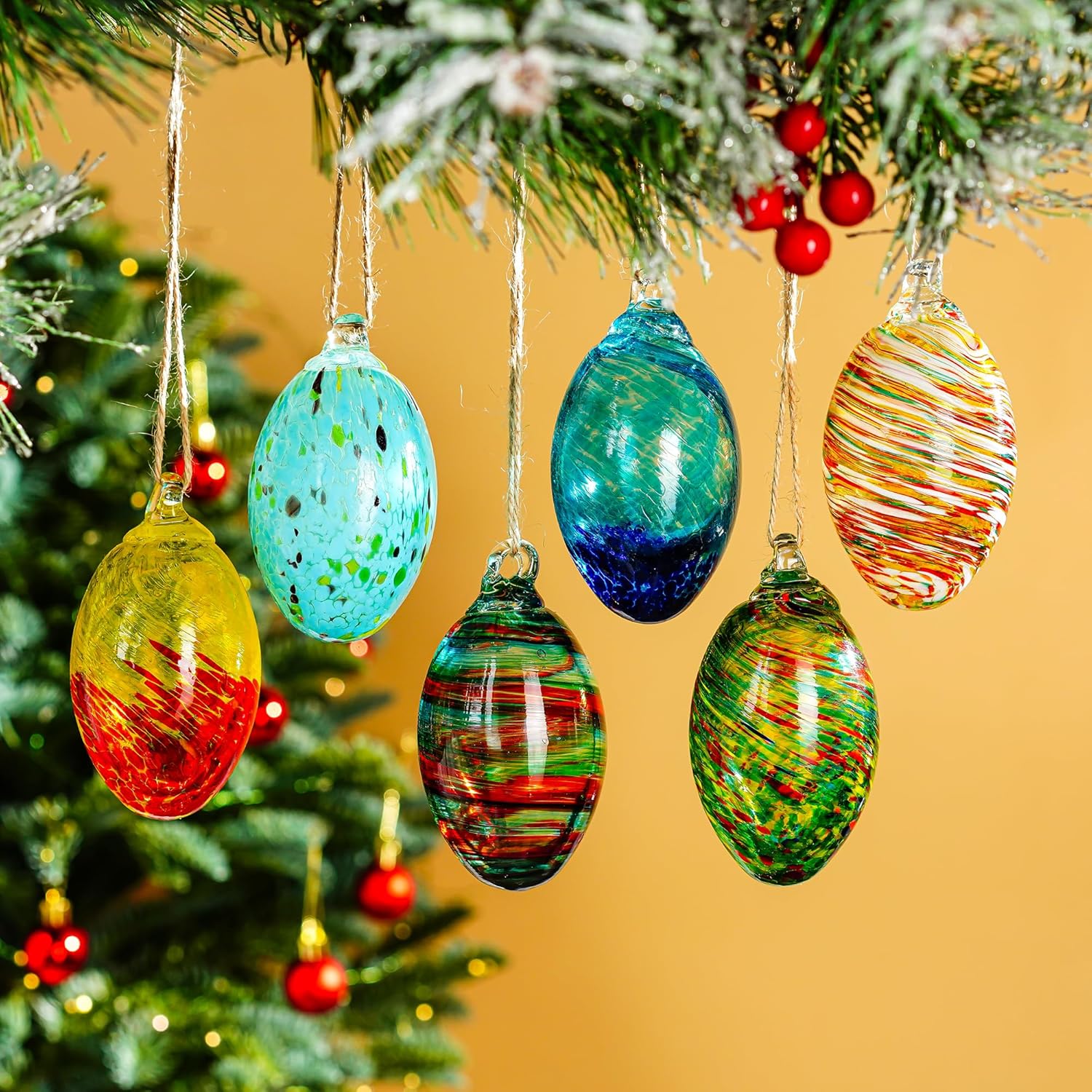 Set of 6 Hand Blown Glass Egg Ornaments for Home and Christmas Decor
