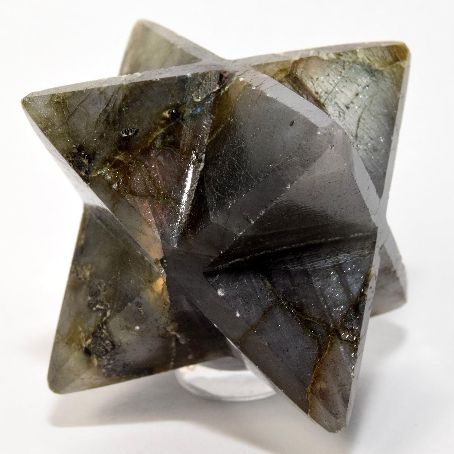 HC Set 60mm Rainbow Flash Labradorite 8 Point Merkaba Star Clear Quartz Cabochon