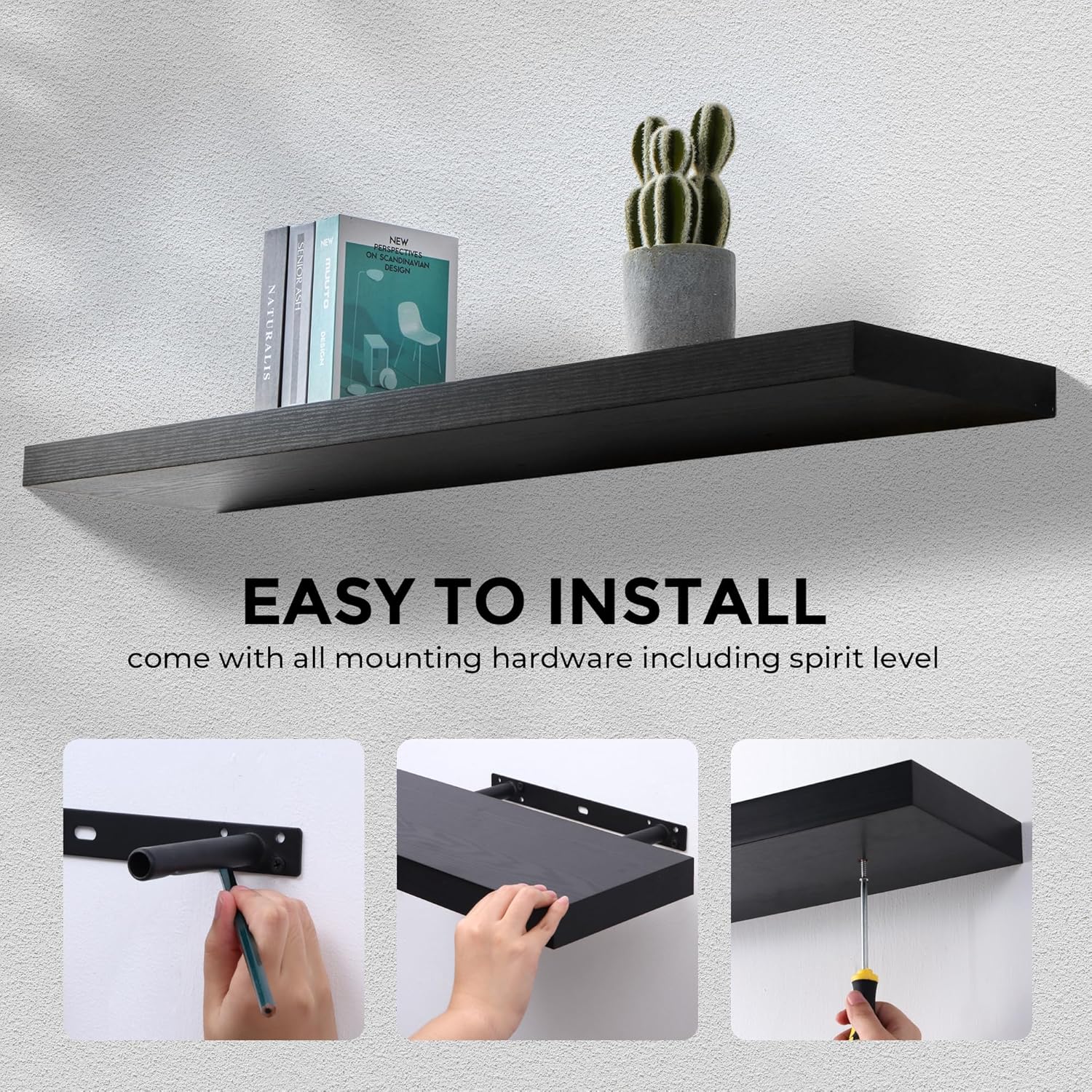 Fun Memories Floating Shelves - 48 W x 9 D x 16 H Rustic Black Wall Mounted Display Shelf