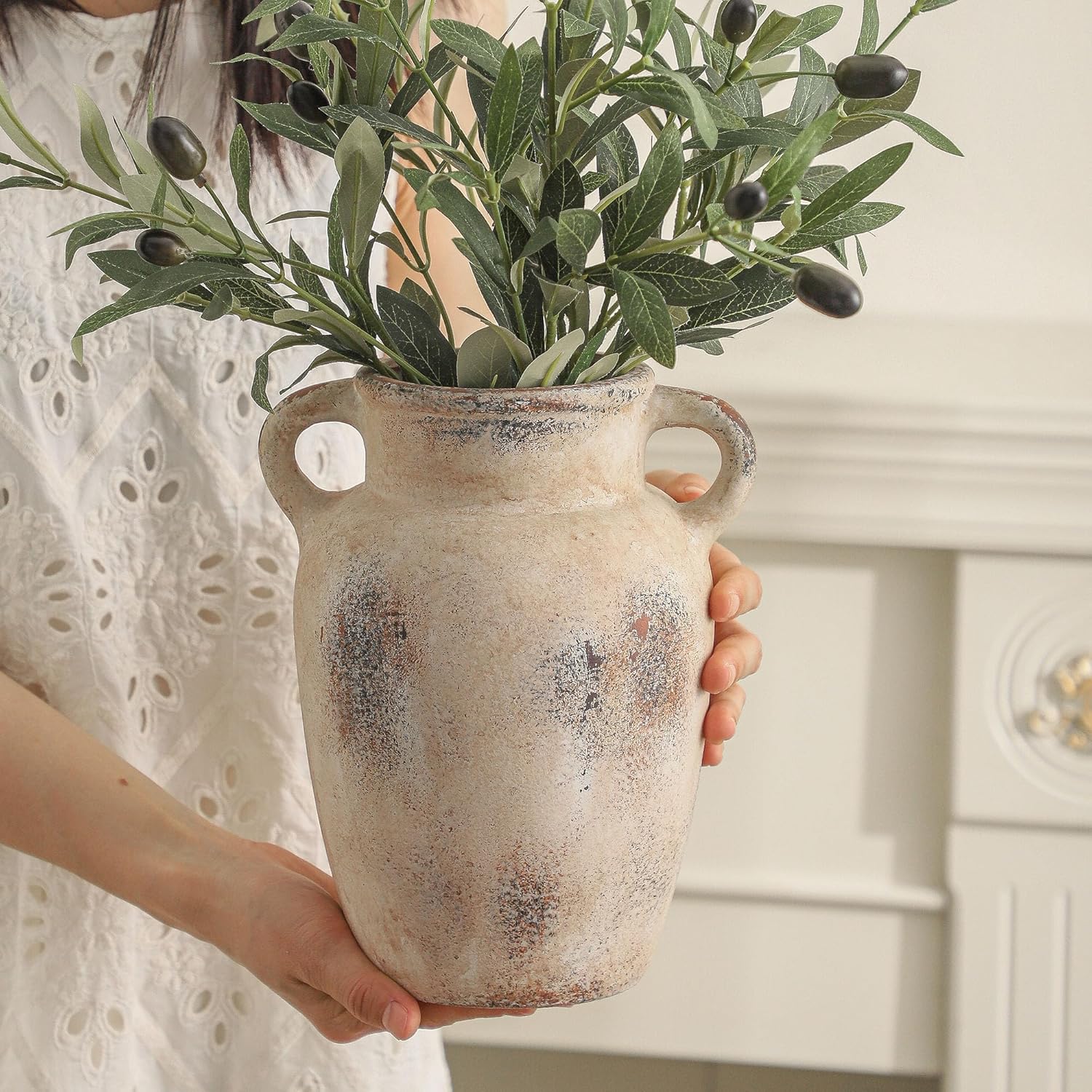 Farmhouse Ceramic Vase with Handle 97 Inch