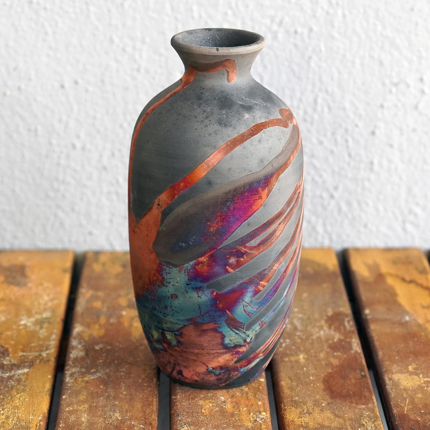 RAAQUU Koban 7 Inch Raku Clay Decor Vase - Carbon Half Copper Matte