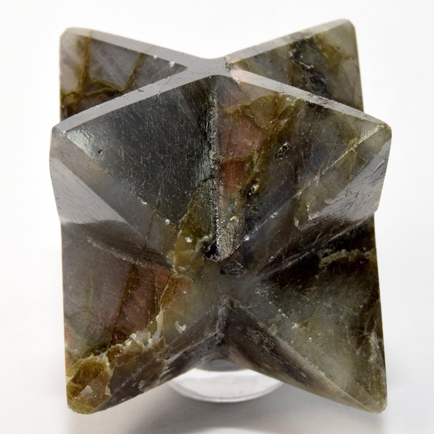 HC Set 60mm Rainbow Flash Labradorite 8 Point Merkaba Star Clear Quartz Cabochon