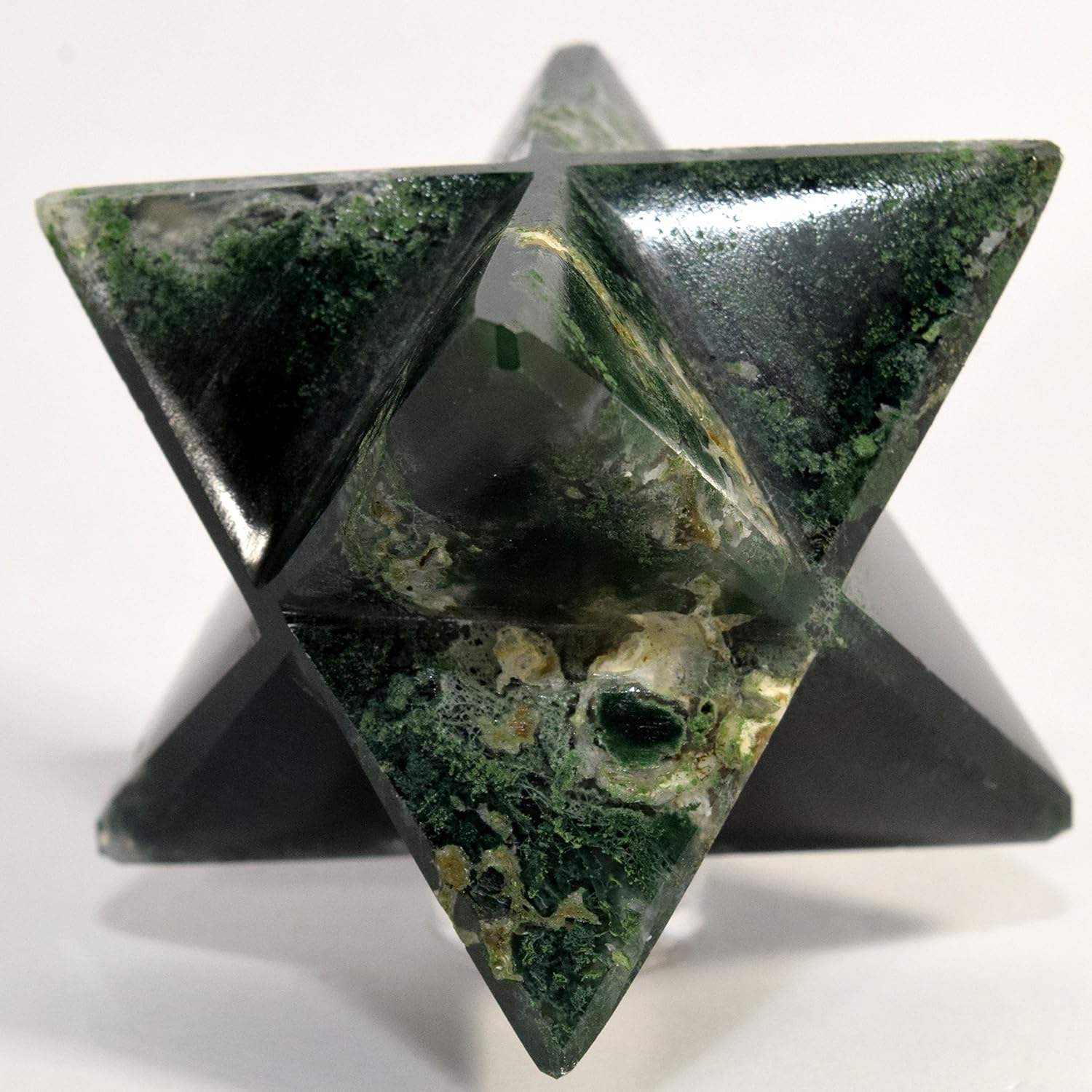 HQRP HC Set 66mm 8 Point Rich Green Moss Agate Merkaba Star with Clear Quartz Cabochon