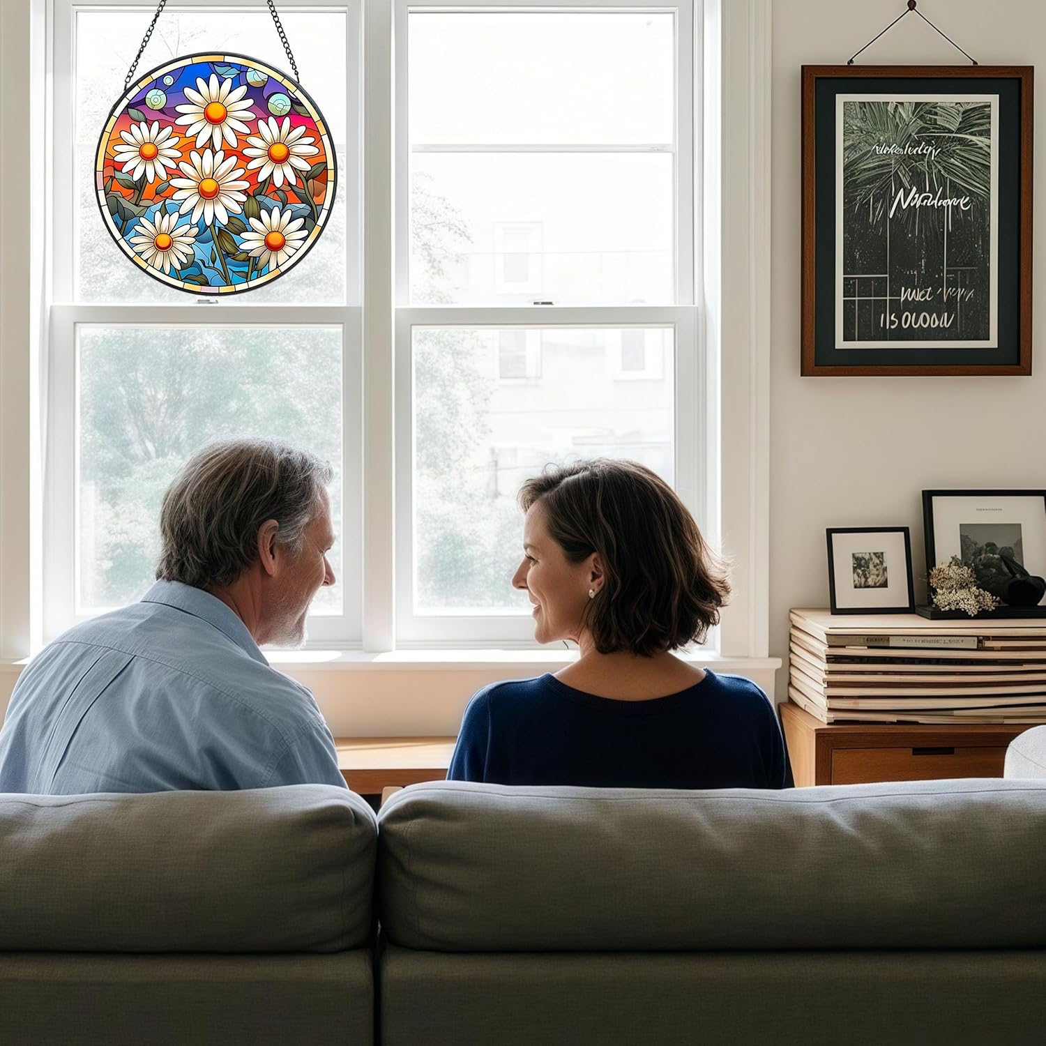 Stained Glass Window Hanging White Flower Suncatcher for Home Decor