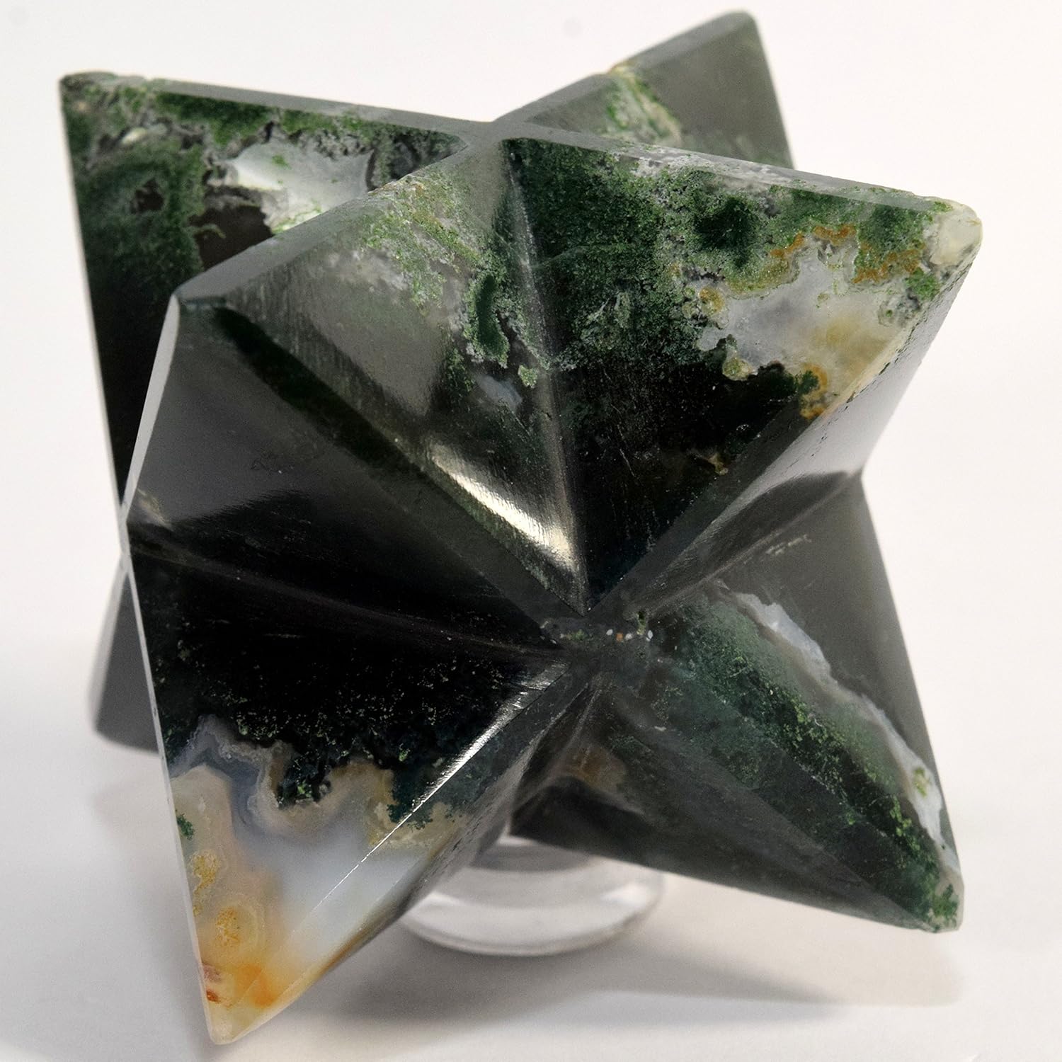 HQRP HC Set 66mm 8 Point Rich Green Moss Agate Merkaba Star with Clear Quartz Cabochon
