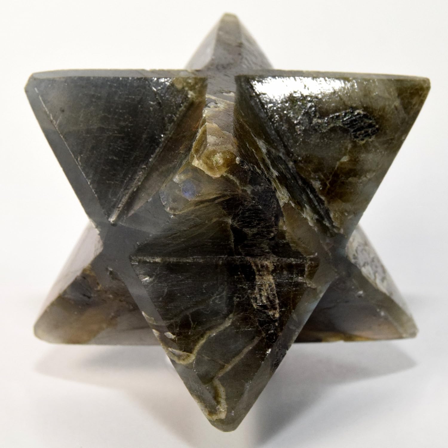 HC Set 60mm Rainbow Flash Labradorite 8 Point Merkaba Star Clear Quartz Cabochon