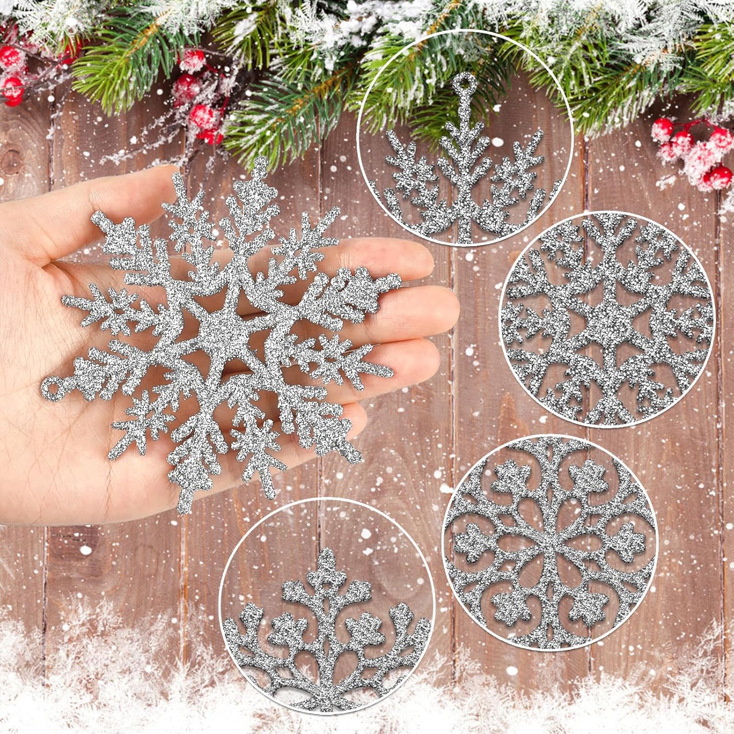 36Pcs Silver Glitter Snowflake Decorations for Christmas Tree