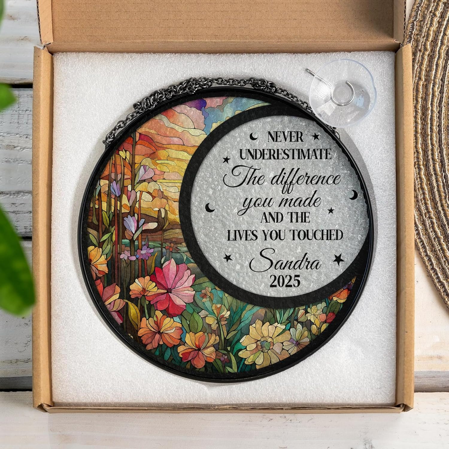 Personalized Retirement Sun Catcher with Name and Floral Design