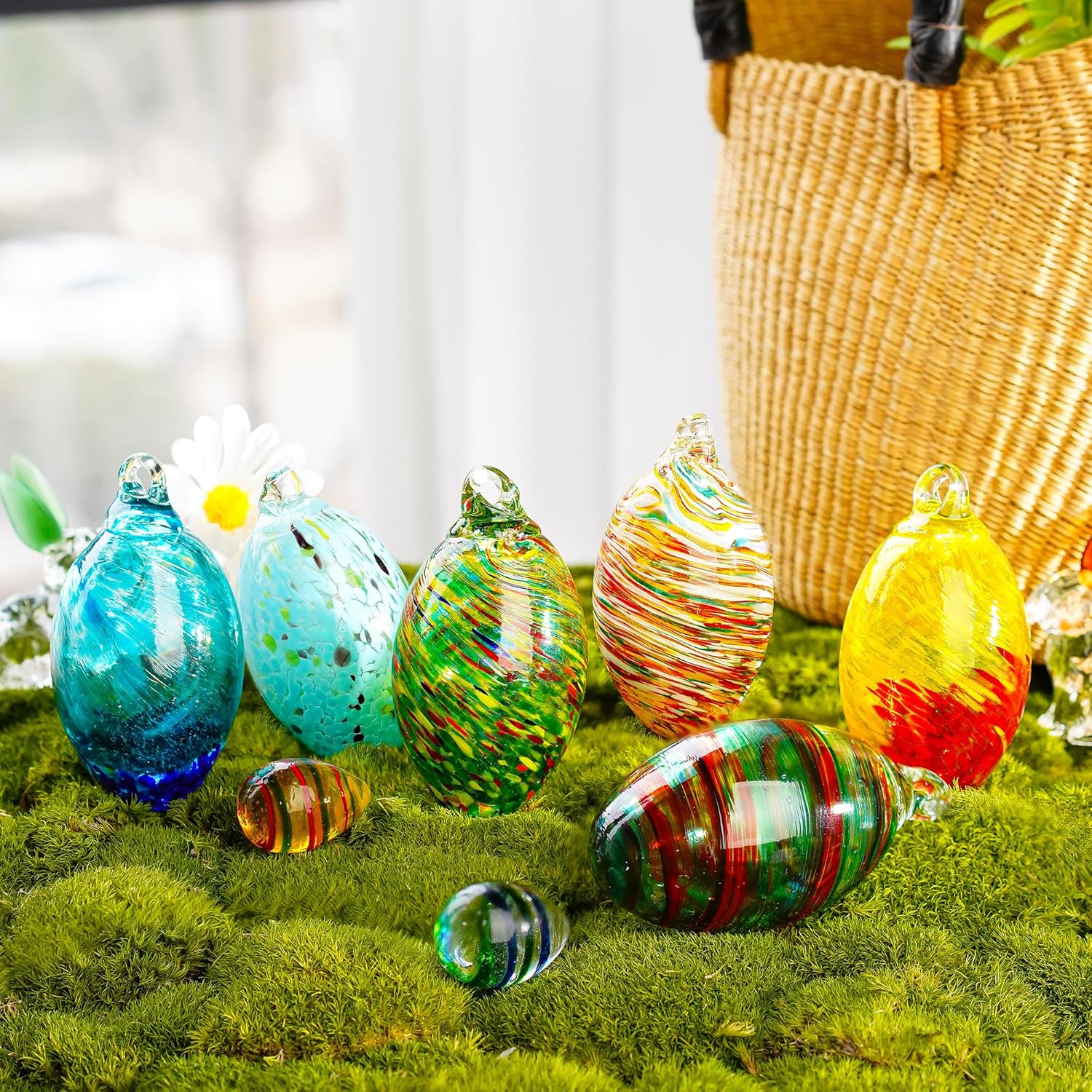 Set of 6 Hand Blown Glass Egg Ornaments for Home and Christmas Decor