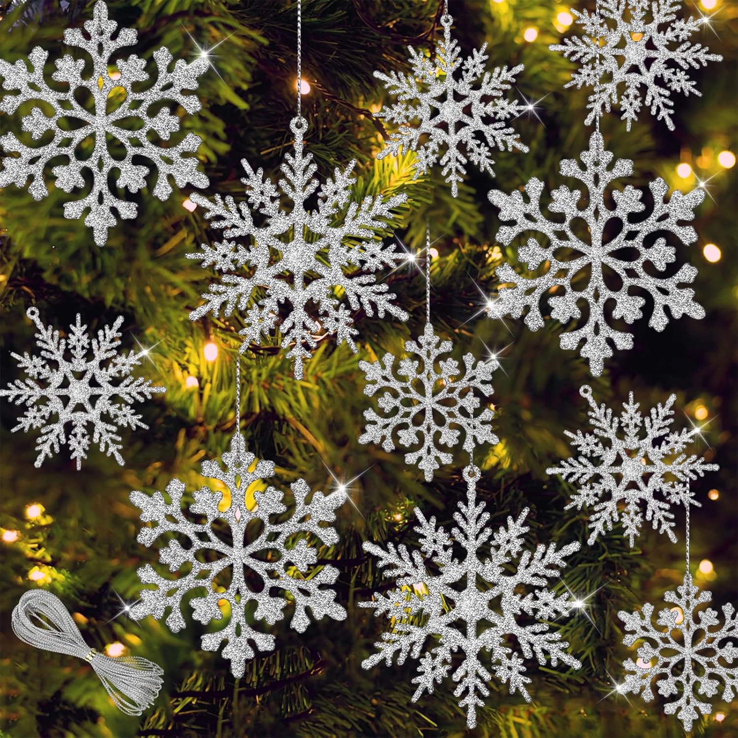 36Pcs Silver Glitter Snowflake Decorations for Christmas Tree